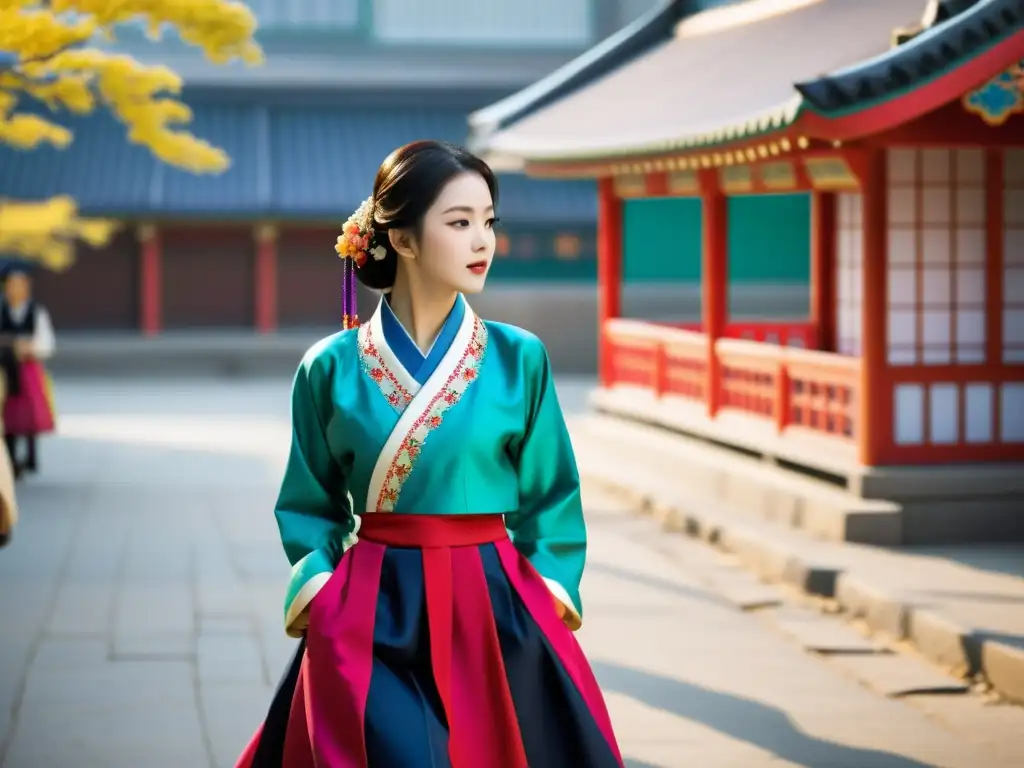 Hanbok contemporáneo: Elegancia urbana con un toque tradicional Una mujer joven lleva con elegancia un moderno Hanbok en un entorno urbano vibrante, fusionando la tradición y la innovación en la moda coreana