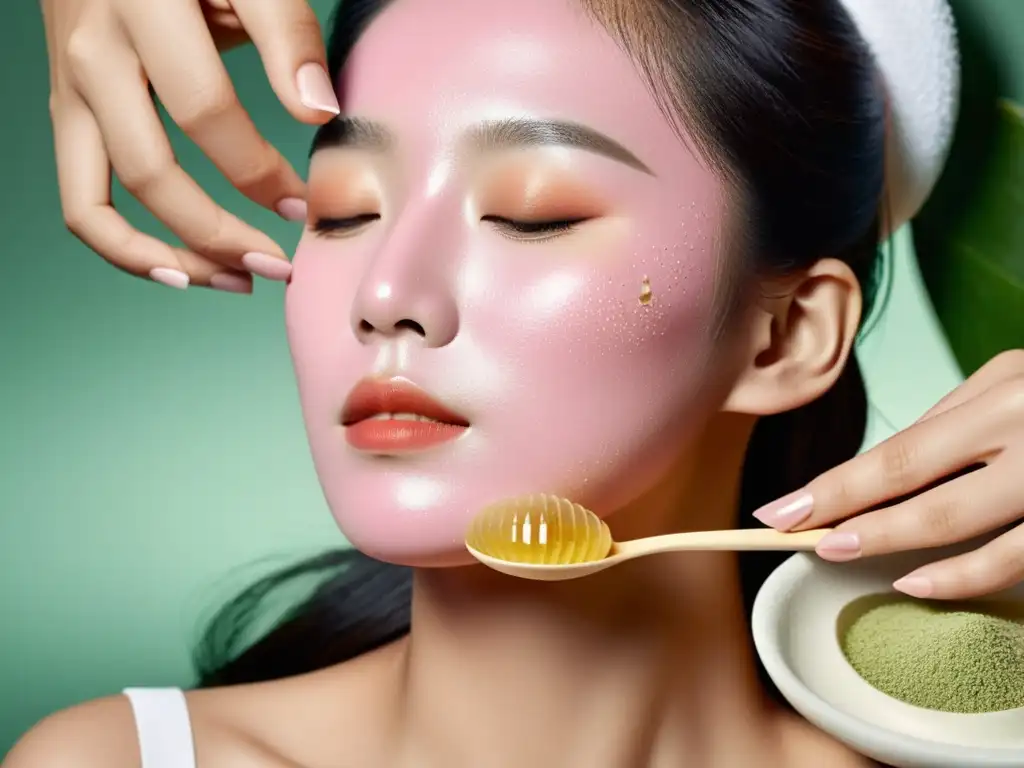 Una mujer experimenta un lujoso ritual de belleza coreana con una máscara rosa, transmitiendo relajación y cuidado