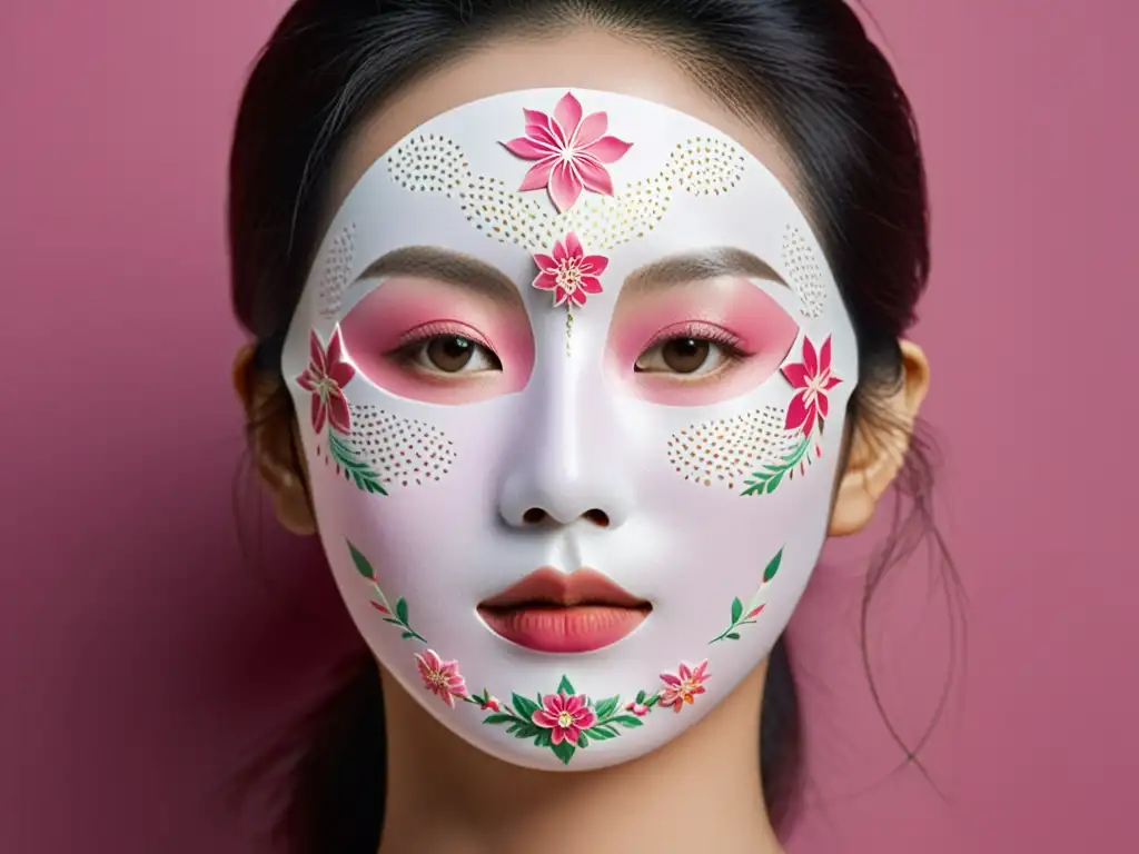 Una mujer disfruta de una mascarilla de belleza coreana rosa con elegantes diseños florales, transmitiendo serenidad y relajación