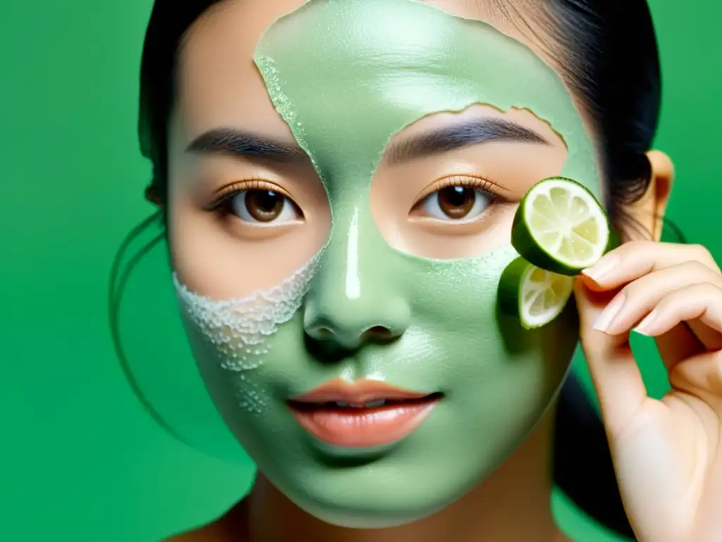 Una mujer aplica suavemente una mascarilla facial hidratante natural, con ingredientes como aloe vera, té verde y agua de arroz