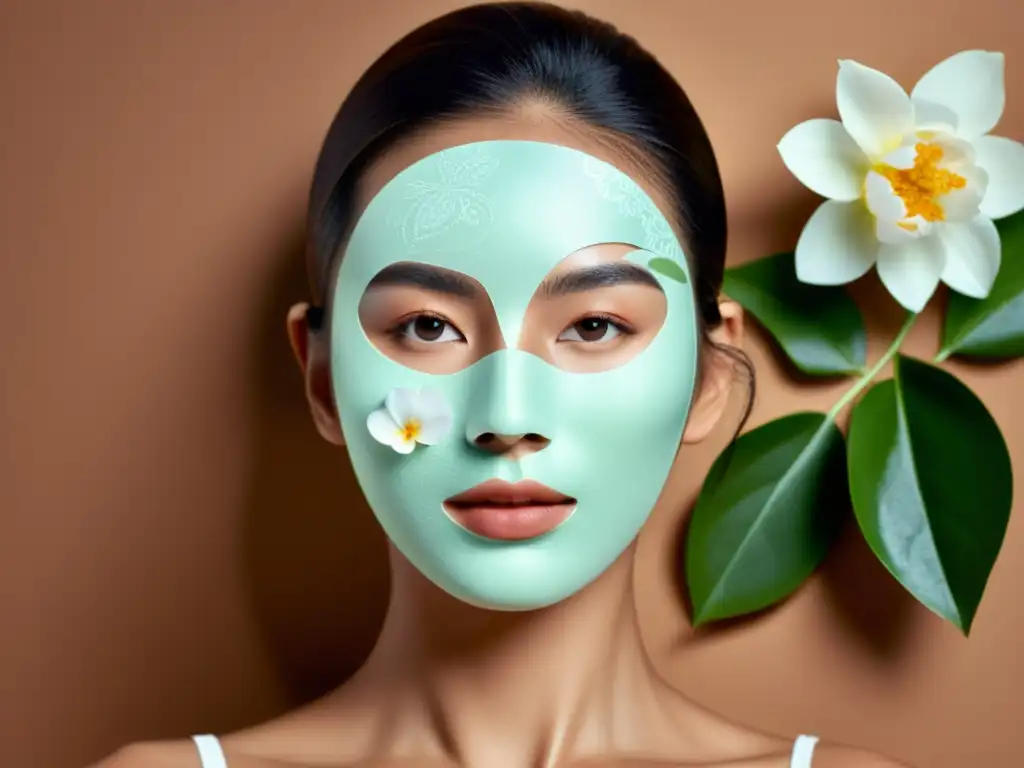 Una mujer aplica una mascarilla facial de papel con patrones florales, sumergida en un suero lujoso, rodeada de productos de belleza y vegetación