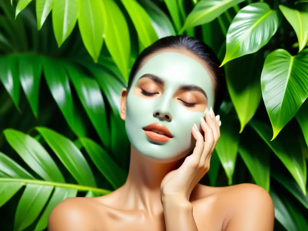 Una mujer aplica una mascarilla facial rodeada de exuberante vegetación tropical