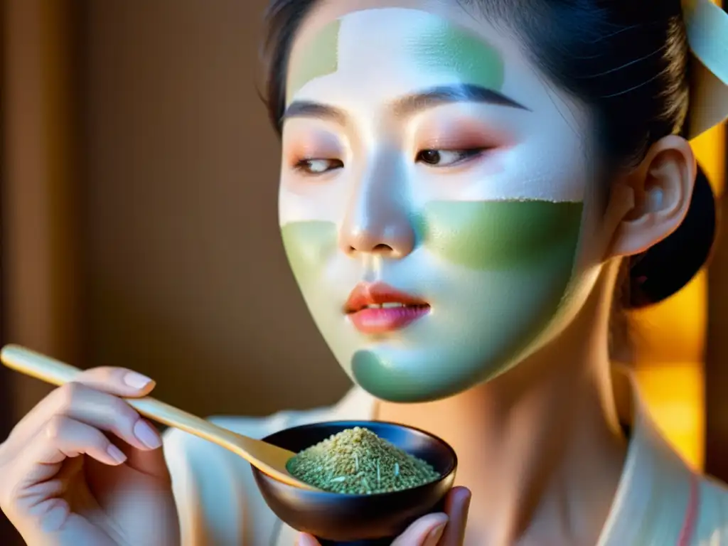 Una mujer aplica una mascarilla facial tradicional coreana, destacando la revolución de la belleza asiática en cosméticos y cuidado personal