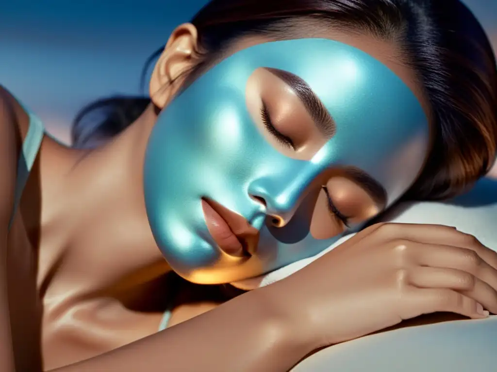 Mujer durmiendo con mascarilla nocturna asiática para piel radiante, bajo la luz de la luna