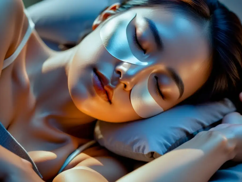 Mujer durmiendo con mascarilla nocturna asiática para piel radiante, bajo la suave luz de la luna, experimentando una transformación rejuvenecedora