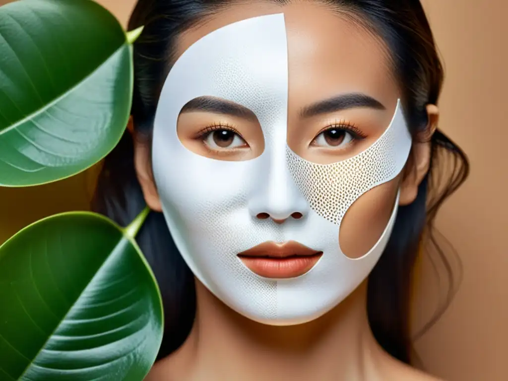 Una mujer con mascarilla de papel para belleza, mostrando la textura del producto y su efecto revitalizante, en un ambiente relajado y sereno