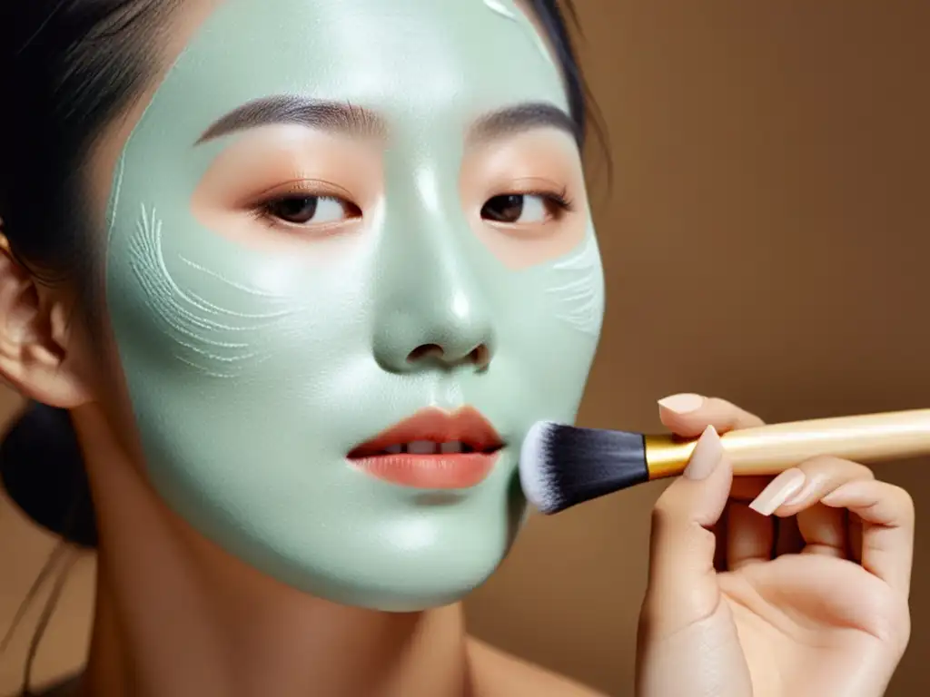 Belleza serena: Ritual coreano de cuidado facial con mascarilla herbal Una mujer aplica una mascarilla herbal en un ritual de cuidado personal asiático, evocando tranquilidad y tradición