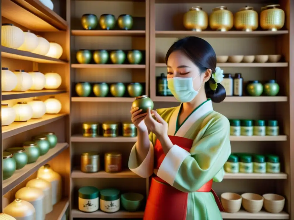 'Una mujer con hanbok aplica mascarilla, rodeada de ingredientes milenarios en cosméticos asiáticos en un spa coreano iluminado por linternas de papel