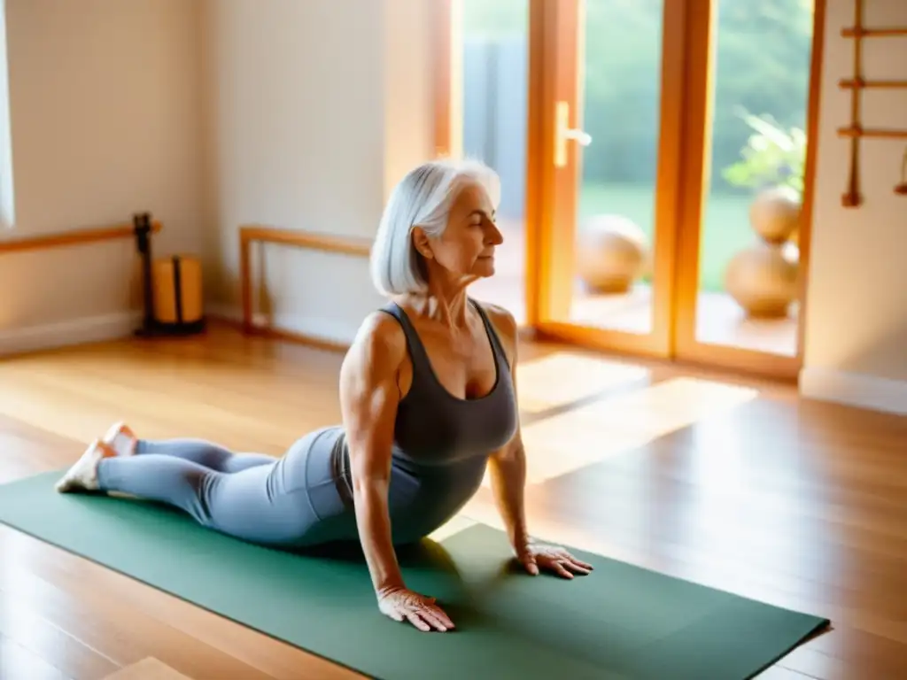 Una mujer mayor practica yoga adaptado en un estudio iluminado, rodeada de accesorios de apoyo