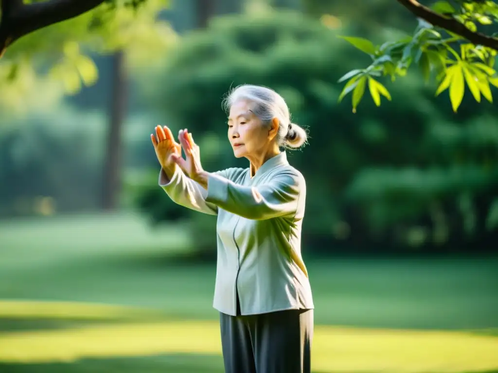 Una mujer mayor realiza con gracia Tai Chi en un parque sereno, rodeada de vegetación exuberante y suave luz matutina