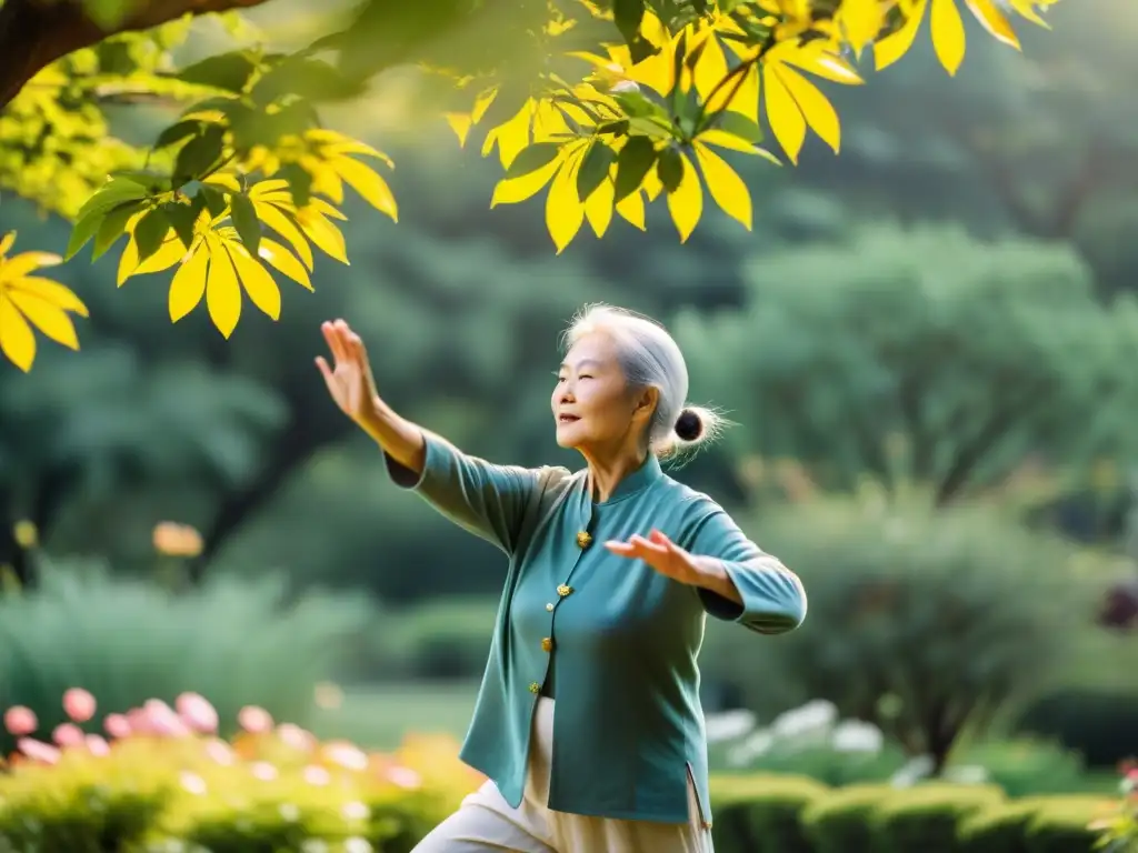 Una mujer mayor practica Tai Chi en un jardín tranquilo, rodeada de vegetación exuberante y flores