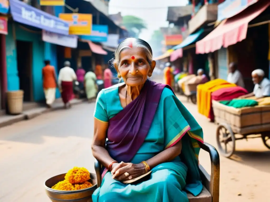 Una mujer mayor en un vibrante sari, refleja la vida en la India