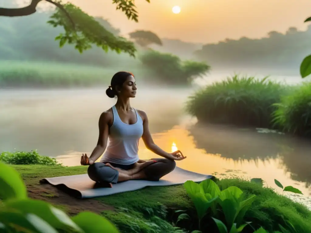 Una mujer practica yoga al amanecer en la orilla de un río sereno, rodeada de exuberante vegetación y la suave luz del sol naciente