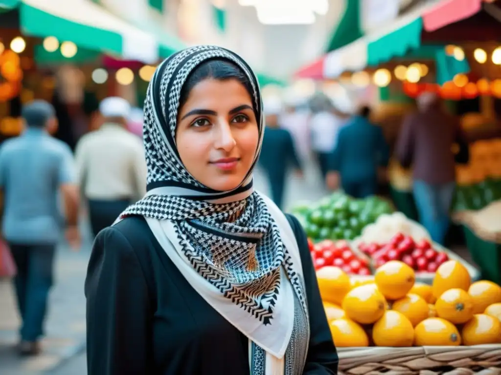 Una mujer palestina con un Kuffiyeh tradicional destaca en un bullicioso mercado, reflejando la moda global del Kuffiyeh Palestino