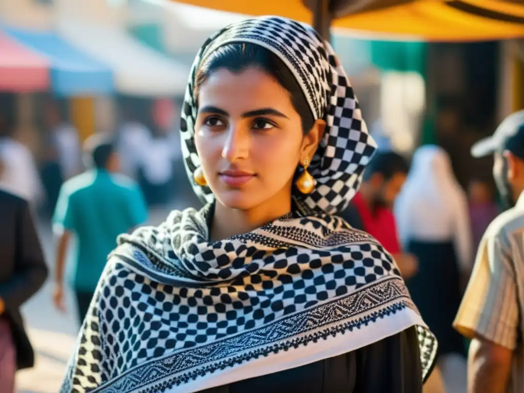 Una mujer palestina envuelve elegantemente un kuffiyeh sobre sus hombros, destacando su patrón icónico en contraste con su vibrante vestido