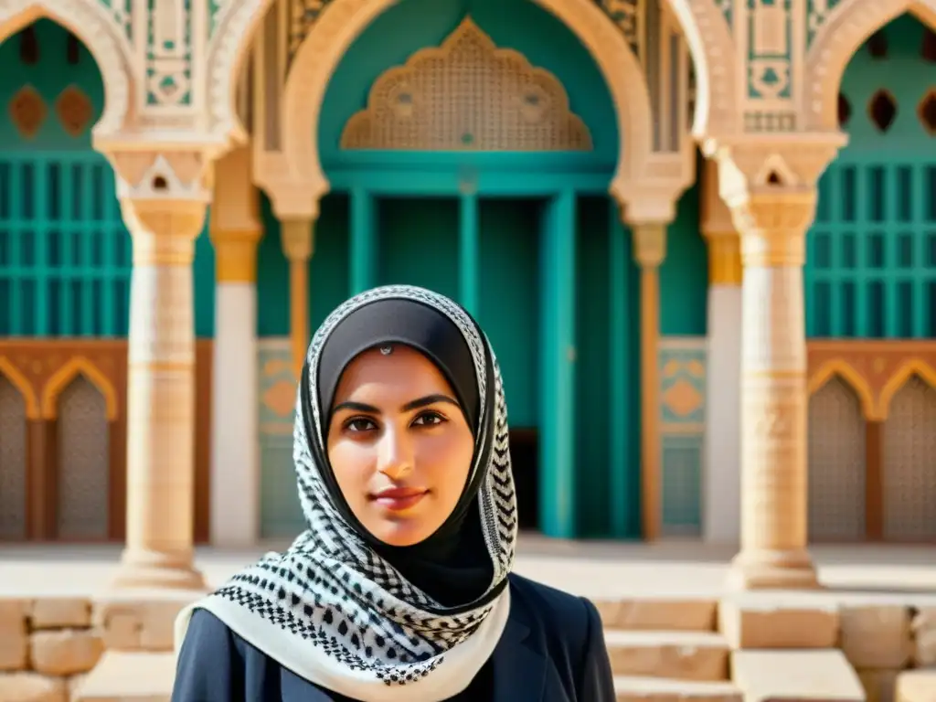 Una mujer palestina lleva un Kuffiyeh tradicional con orgullo, destacando su elegancia y significado cultural en medio de la arquitectura histórica