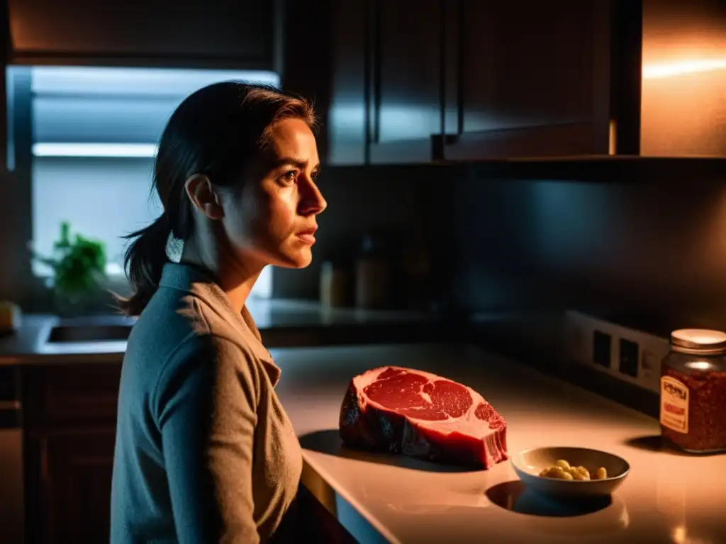 Una mujer en la penumbra de una cocina, mirando fijamente la carne cruda en el mostrador