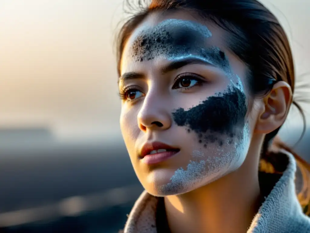 Una mujer con la piel cubierta de contaminación en una ciudad asiática, resalta la necesidad de protección piel megaciudades asiáticas