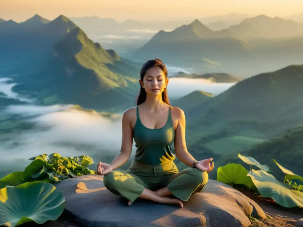 Mujer en posición de loto en la cima de una montaña, en conexión espiritual con la naturaleza a través de técnicas de pranayama yoga espiritualidad