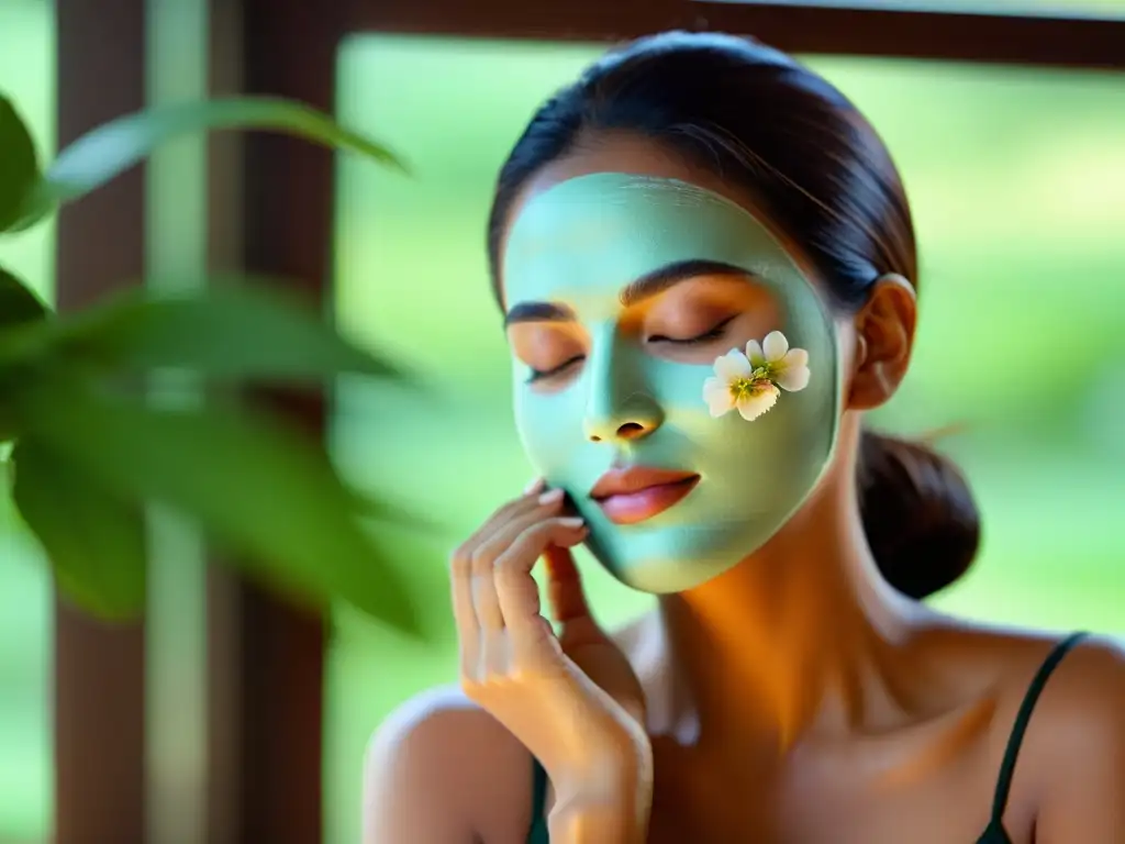 Una mujer serena aplica una mascarilla ayurvédica, resaltando los beneficios del ayurveda en belleza