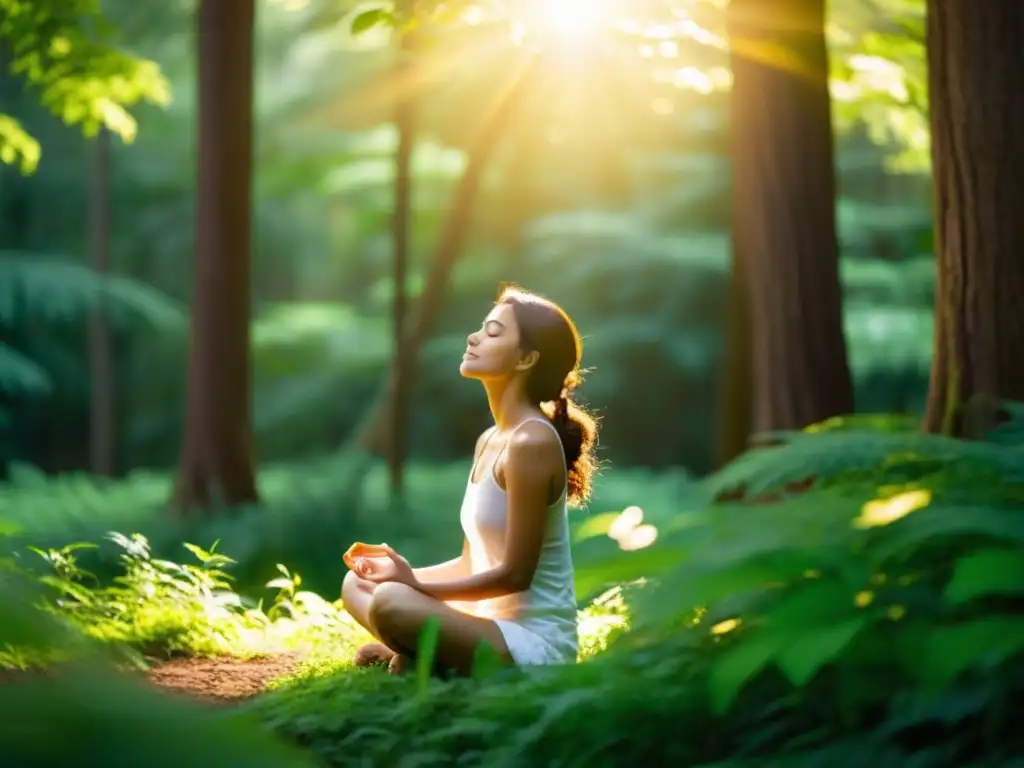 Una mujer en meditación, disfrutando de la serenidad del bosque