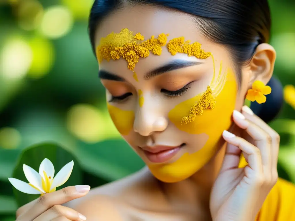 Una mujer tailandesa aplica una mascarilla facial tradicional de hierbas con patrones florales pintados en sus manos