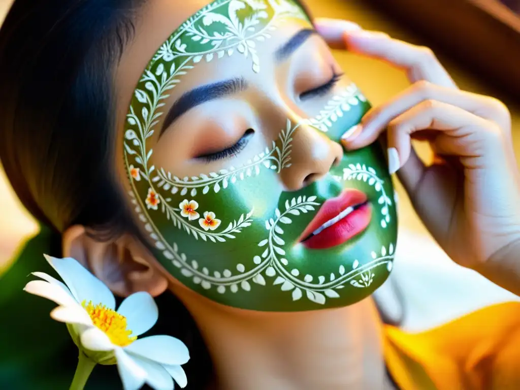 Una mujer tailandesa aplica una mascarilla facial herbal con patrones vibrantes y colores