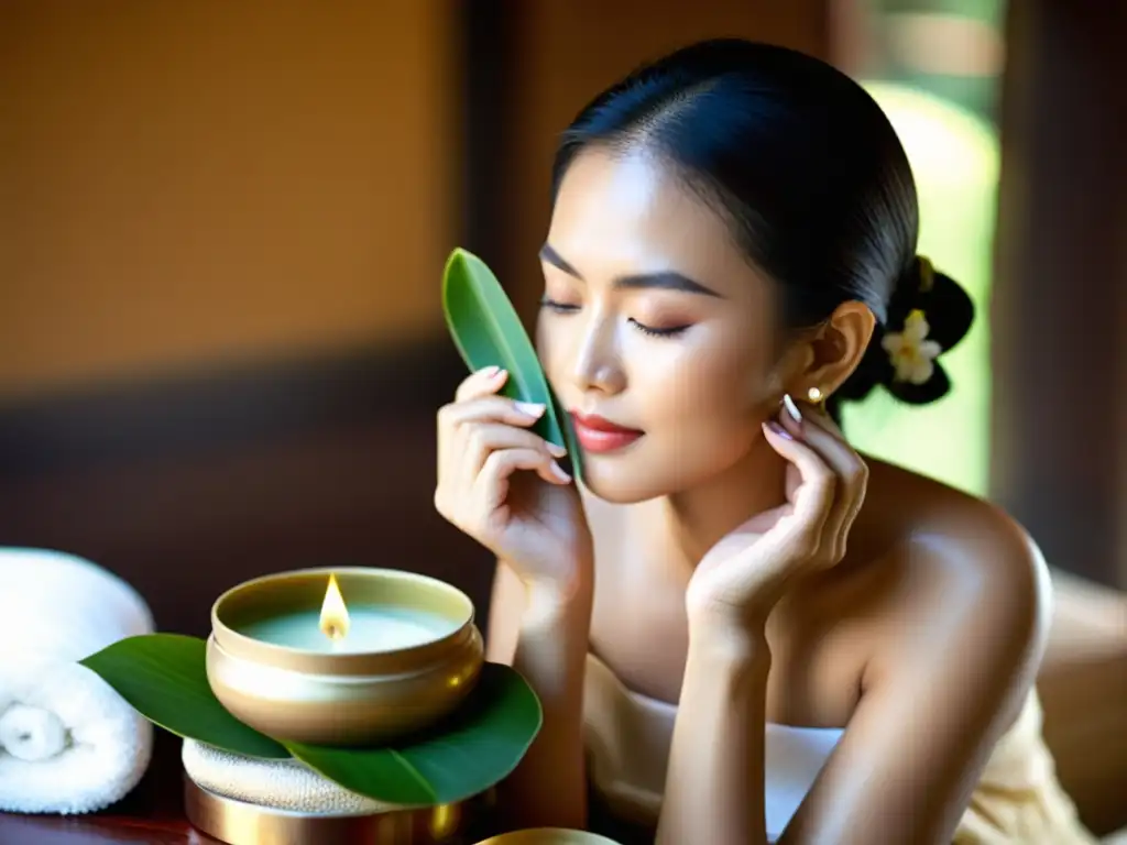 Una mujer tailandesa practica rituales de belleza tailandeses beneficiosos, aplicando productos herbales naturales en un entorno sereno y soleado