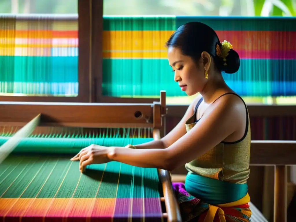 Una mujer tailandesa tradicional teje con esmero un hermoso textil en un taller iluminado por la luz del sol