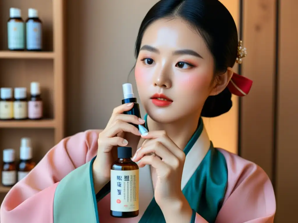 Una mujer con hanbok aplica cuidadosamente toner, mostrando la belleza coreana tradicional y moderna rutina de belleza