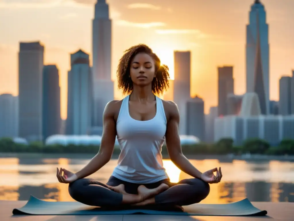 Una mujer tranquila practica yoga en una ciudad bulliciosa, mostrando equilibrio entre vida urbana y serenidad interior