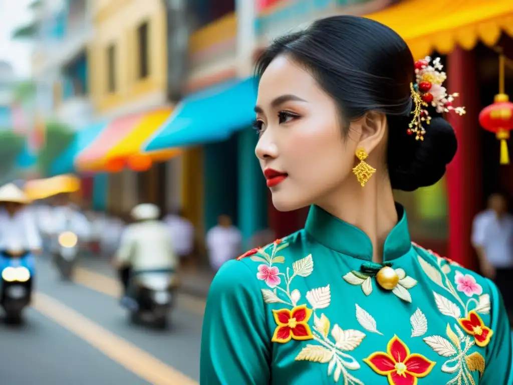 Una mujer vietnamita viste un Ao Dai tradicional con bordados intrincados, en las bulliciosas calles de Vietnam