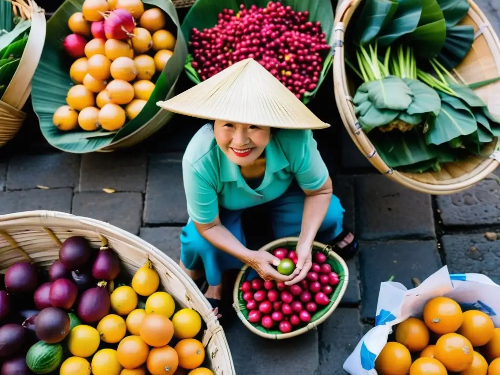 Una mujer vietnamita en traje tradicional vende productos frescos en un bullicioso mercado callejero de Hoi An, Vietnam, inmersión cultural en pueblos asiáticos históricos