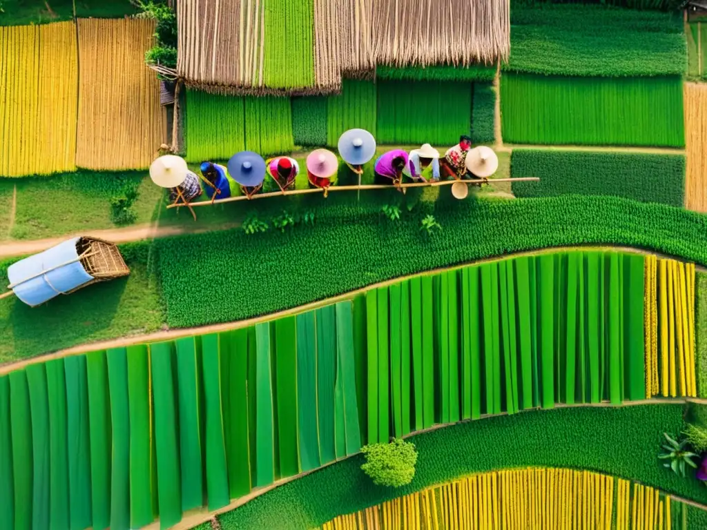 Mujeres liderando actividades en un pueblo asiático, reflejando el matriarcado en Asia con colores vibrantes y conexión con la naturaleza