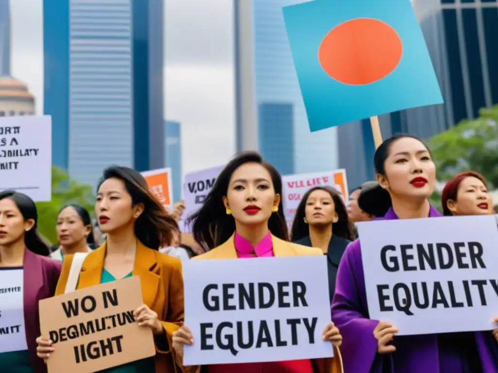 Manifestación de mujeres asiáticas con trajes tradicionales, exigiendo avances en los derechos de las mujeres en Asia