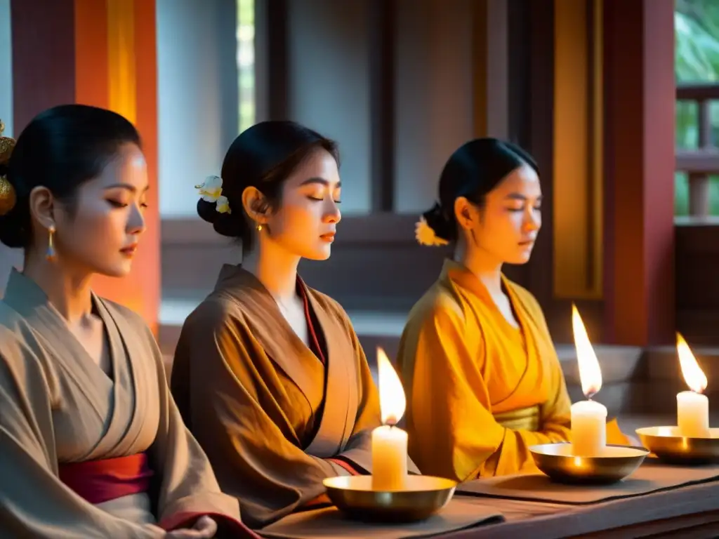 Mujeres en túnicas budistas meditan en un templo entre incienso y velas, reflejando el rol de la mujer en el Budismo