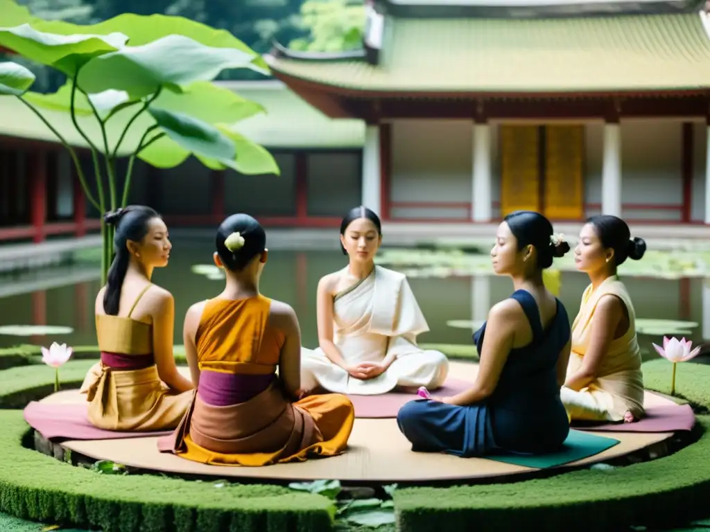 Mujeres en túnicas budistas meditan en un templo rodeado de naturaleza exuberante y flores de loto, representando el rol de la mujer en el Budismo