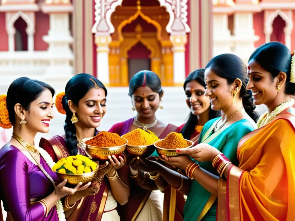 Mujeres hindúes participan en ceremonia religiosa en templo, reflejando roles y riqueza cultural del hinduismo