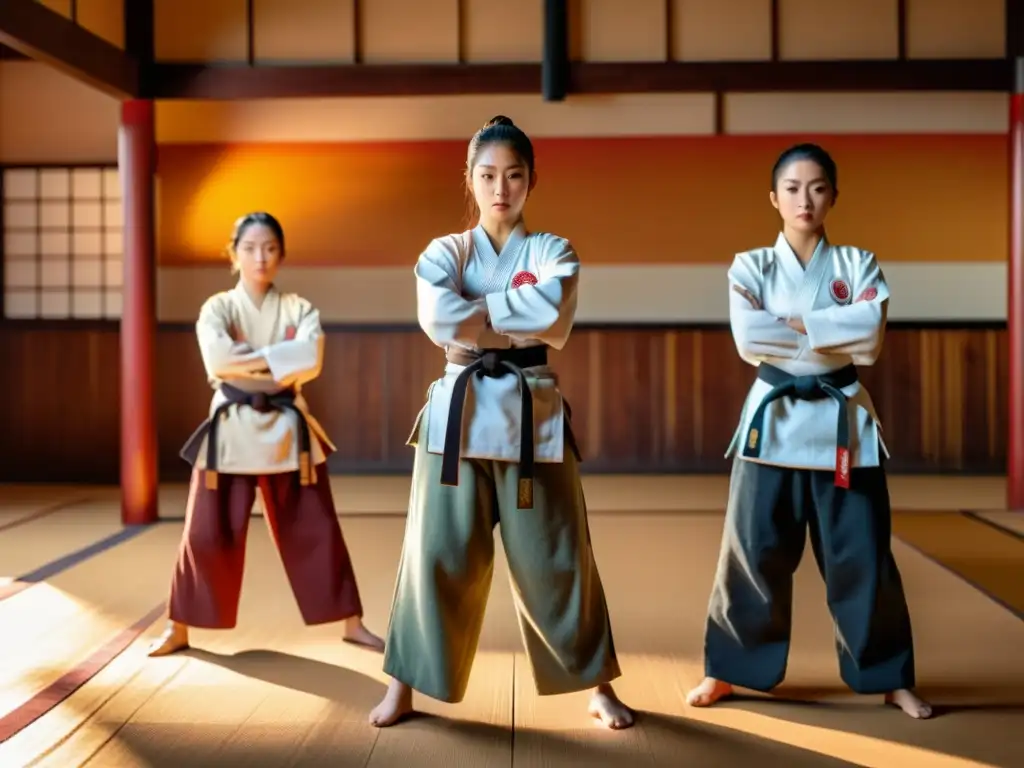 Mujeres en el Dojo tradición: Grupo de mujeres en uniformes tradicionales de artes marciales, demostrando fuerza y determinación al atardecer