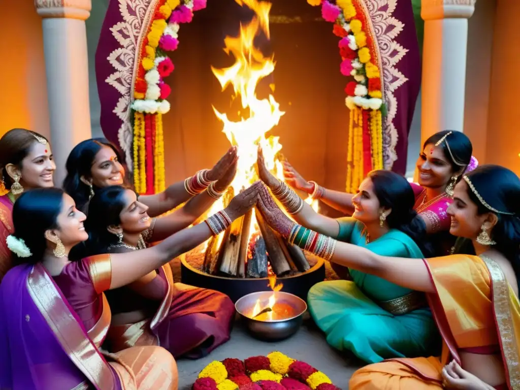 Mujeres hindúes en adoración femenina durante ceremonia religiosa, vestidas con sarees coloridos, rodeando el fuego sagrado