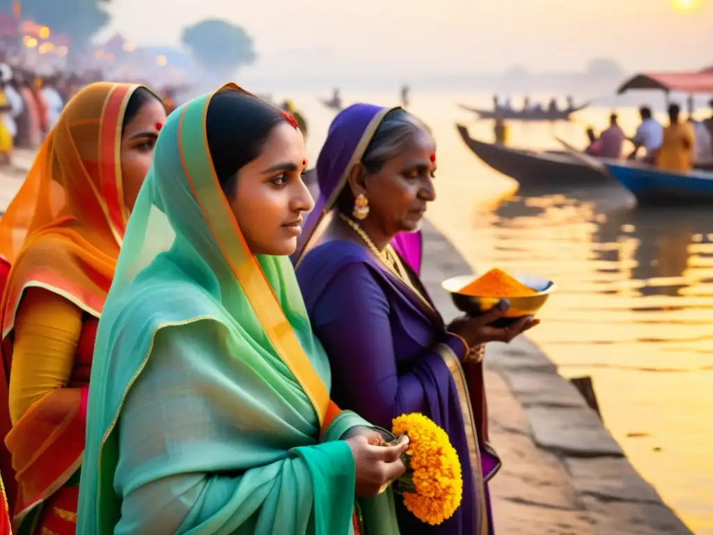 Mujeres hindúes realizan rituales a orillas del Ganges en Varanasi, India, capturando la esencia del Hinduismo y mujer: roles y retos