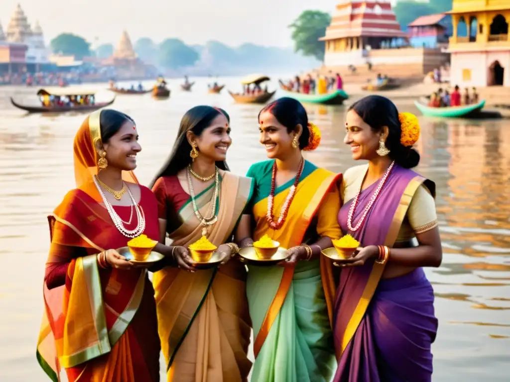 Mujeres hindúes en sarees coloridos junto al sagrado río Ganges en Varanasi, India, participando en ceremonia religiosa