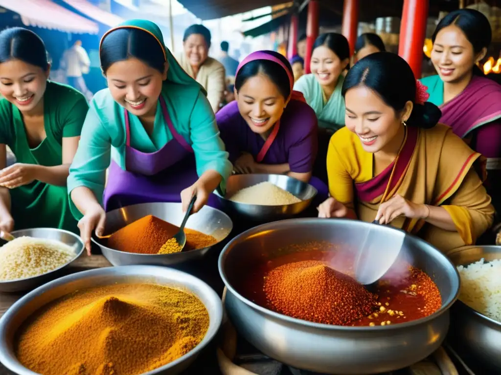 Mujeres en mercado asiático cocinando juntas, reflejando la vibrante tradición culinaria y el espíritu comunitario de los matriarcados en Asia