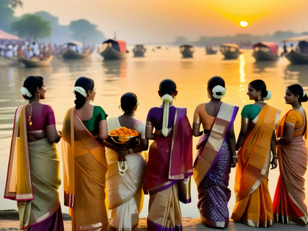 Mujeres hindúes realizando rituales sagrados a orillas del río Ganges al atardecer