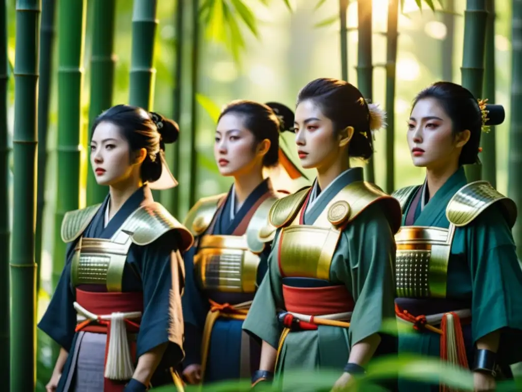 Mujeres samuráis en la historia: OnnaBugeisha en armadura tradicional, expertas en combate, en un bosque de bambú sereno bajo la luz cálida del sol