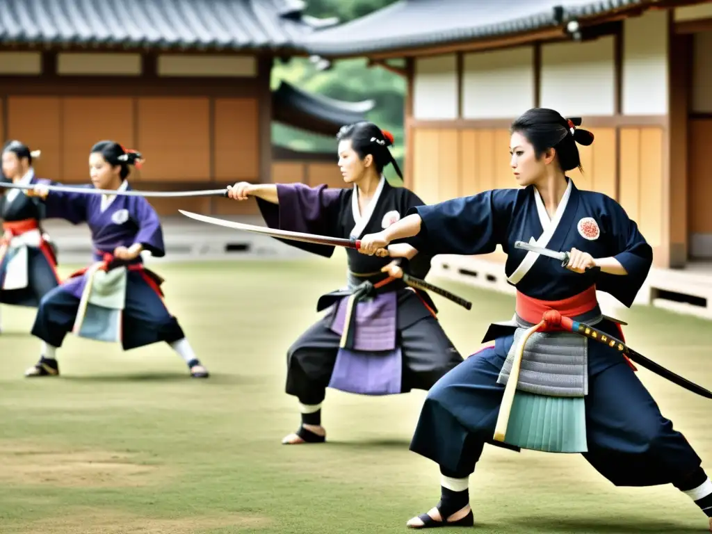 Mujeres samuráis en la historia: Onnabugeisha entrenando con armas tradicionales, demostrando fuerza y disciplina en un entorno sereno