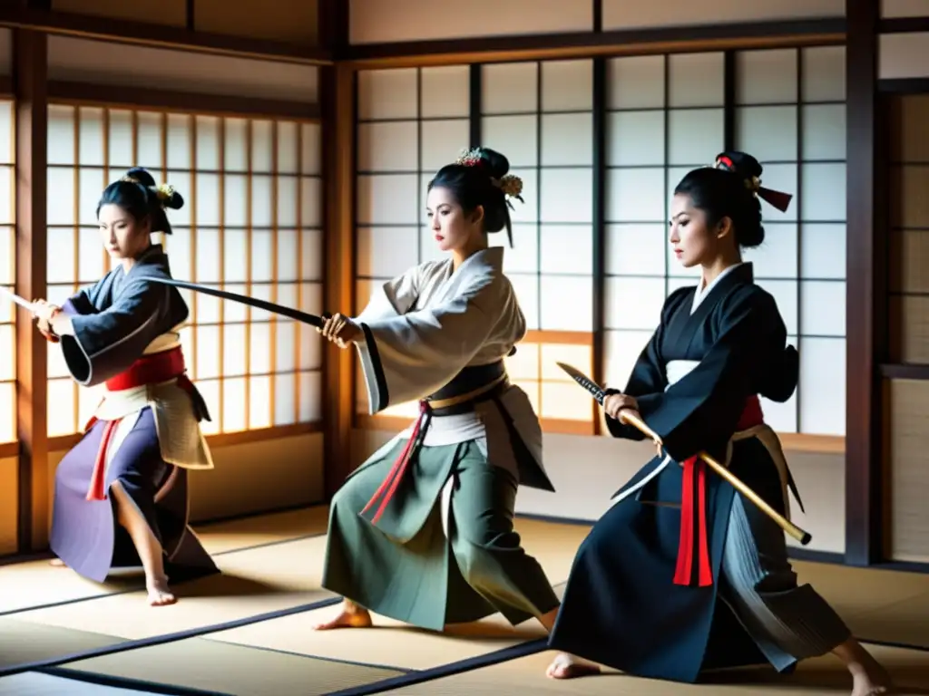 Mujeres samuráis en la historia: OnnaBugeisha entrenando con determinación en un dojo tradicional de Japón, vestidas con armaduras y armas antiguas