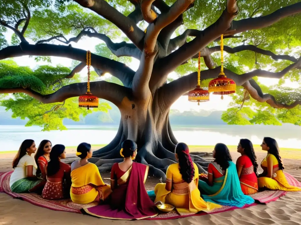 Mujeres con sarees coloridos celebran el festival hindú del amor conyugal, atando hilos sagrados al árbol banyan