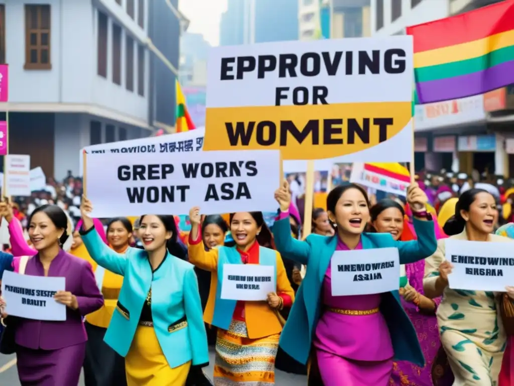 Manifestación de mujeres con trajes tradicionales en protesta por avances derechos mujeres Asia