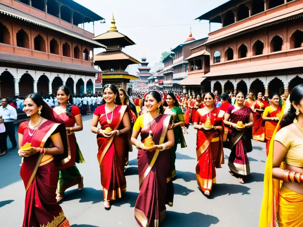 Mujeres vestidas con saris rojos durante el festival Teej en Kathmandú, Nepal, parte de los festivales del Hinduismo tradicionales